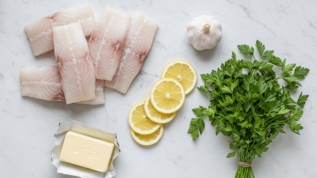 A collage of seafood ingredients: cod fillets, garlic, lemons, butter, and fresh herbs.
