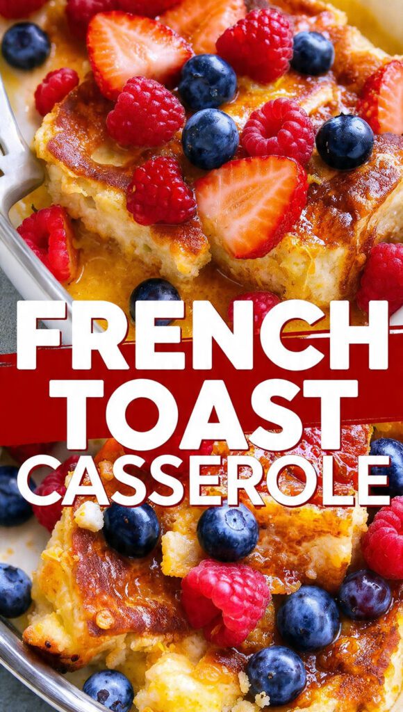 A close-up of golden brown baked french toast casserole with powdered sugar and berries.