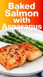 A vibrant sheet pan of baked salmon with asparagus and lemon slices with bold text.