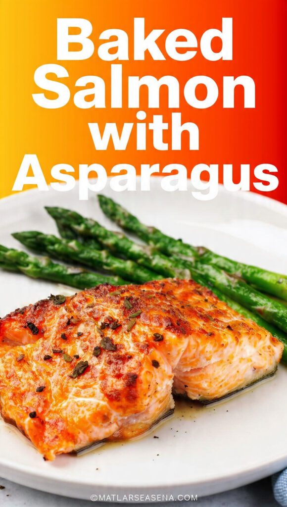 A vibrant sheet pan of baked salmon with asparagus and lemon slices with bold text.