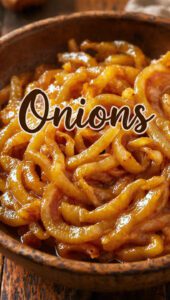 A skillet of dark mahogany caramelized onions with a balsamic glaze and text overlay "Onions".