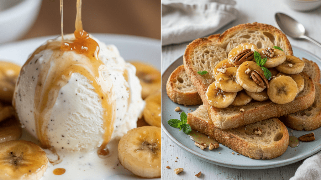 Close up look at caramelized bananas over ice cream and a wide shot of bananas on toast.