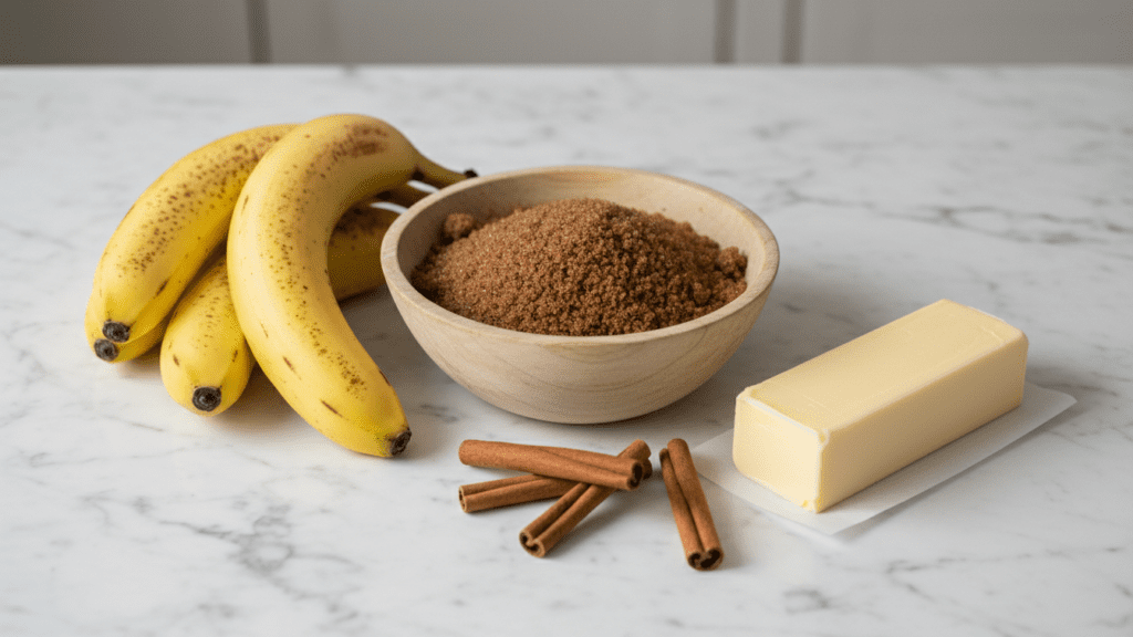 A collage of ingredients: spotted bananas, brown sugar, butter, and cinnamon sticks.