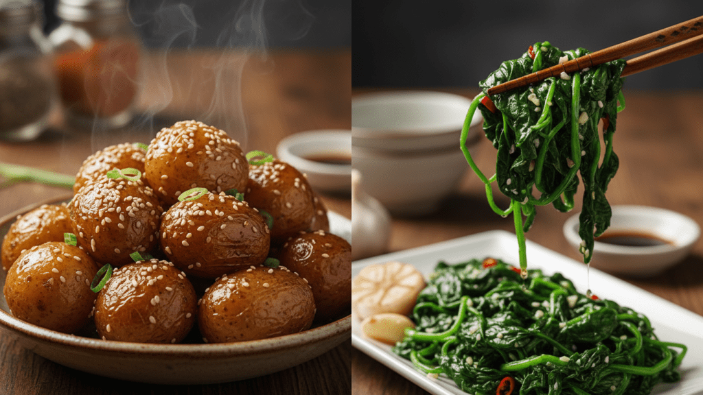 Close-up shots of braised potatoes and seasoned spinach banchan.