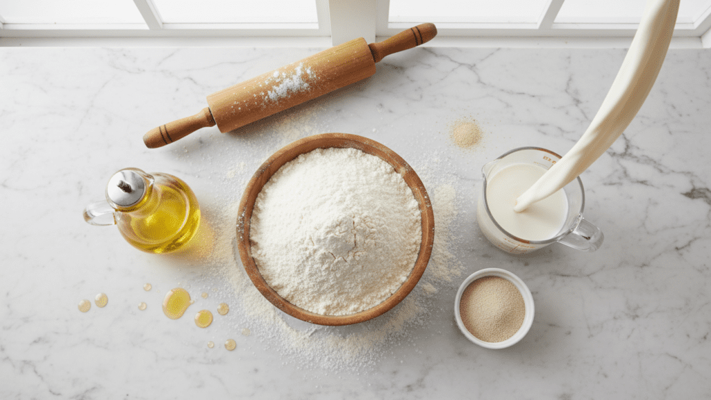 A collection of ingredients for making homemade steamed bao buns.