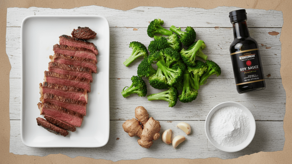 Fresh ingredients for making beef and broccoli stir fry at home.