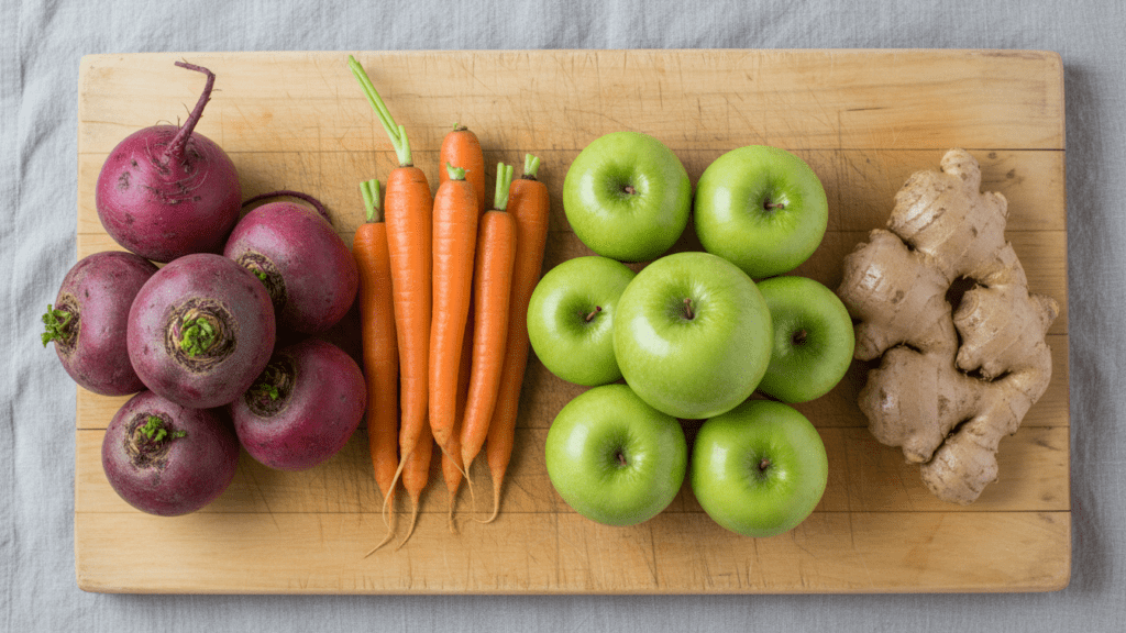 A collage of fresh beets, carrots, ginger, and apples for juicing.