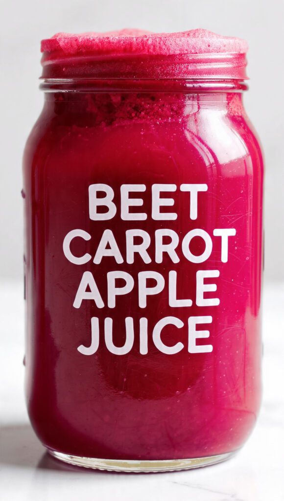A tall glass of fresh beet carrot apple juice with a recipe title overlay.
