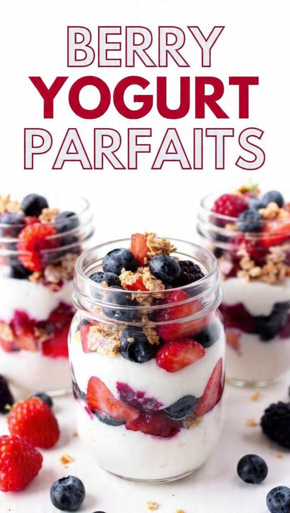 A vibrant, layered berry yogurt parfait in a clear mason jar with fresh strawberries and blueberries.