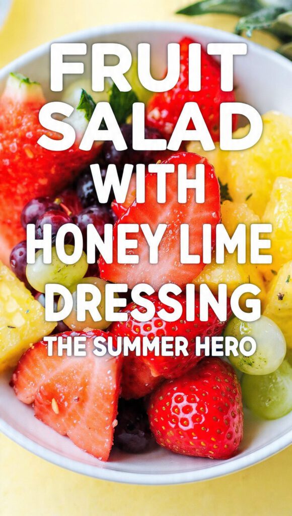 A vibrant bowl of fresh fruit salad featuring strawberries and mangoes with a glossy honey lime glaze.