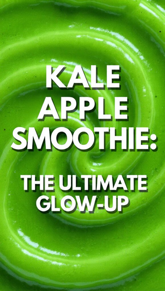 A vibrant green kale apple smoothie in a glass with apple slices and kale leaves.