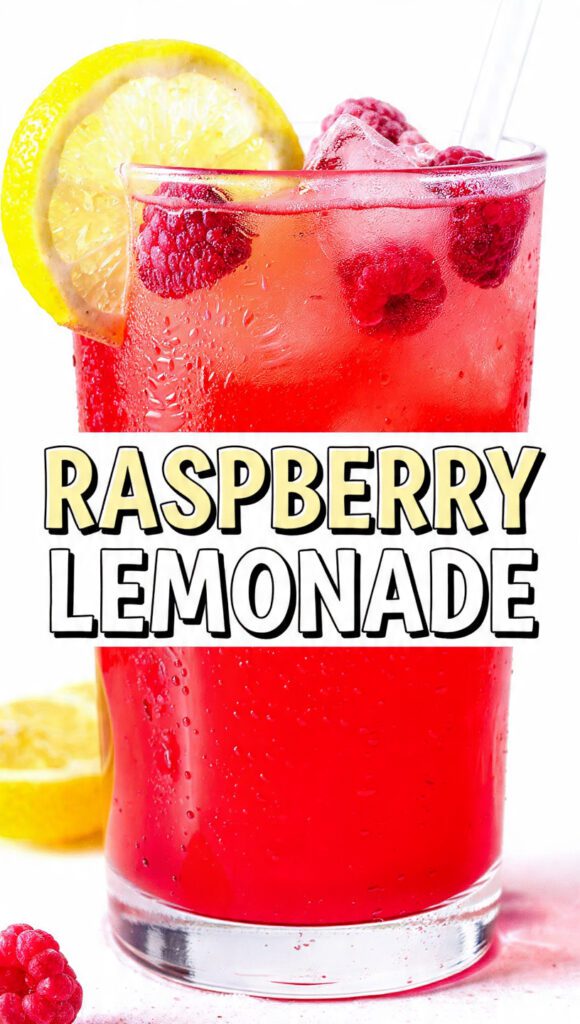 A pitcher of vibrant pink raspberry lemonade with fresh lemon slices and raspberries