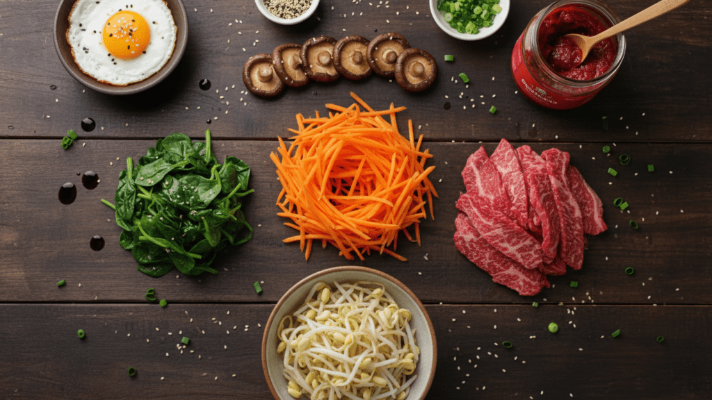 Collage of spinach, carrots, bean sprouts, beef, and gochujang.