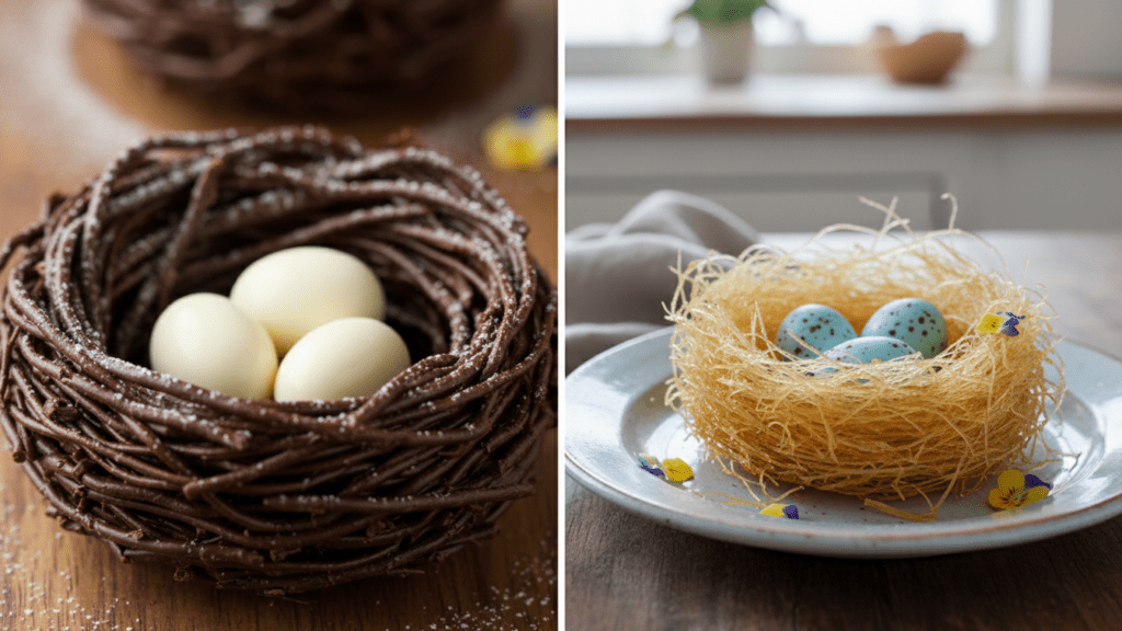 Close up of a chocolate bird's nest cookie and a butterscotch bird's nest cookie.