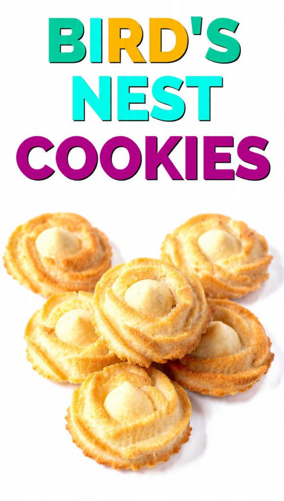 A platter of butterscotch bird's nest cookies with malted milk eggs and text overlay "Bird's Nest Cookies".