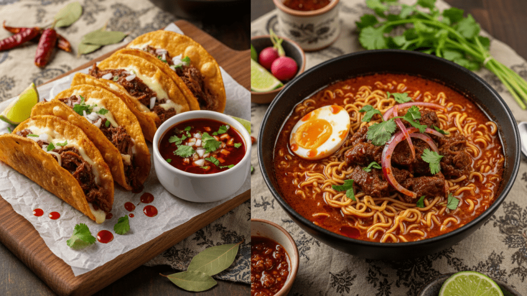 Two different versions of birria including traditional tacos and ramen fusion.
