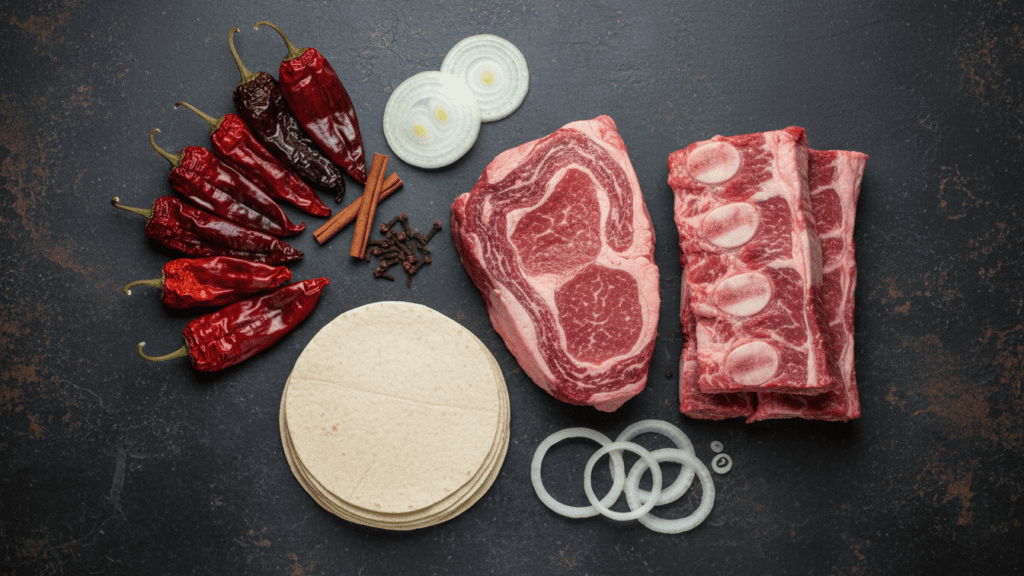 Raw ingredients for making healthy authentic Mexican birria tacos.