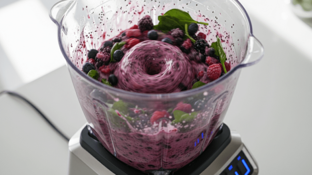 A close-up shot of the purple smoothie mixture being blended in a high-speed blender.
