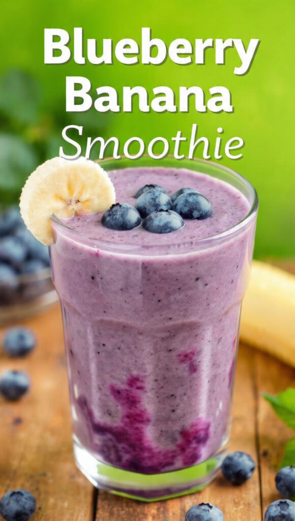 A tall glass of purple blueberry banana smoothie with a straw and fresh berries on top with text overlay "Blueberry Banana Smoothie".