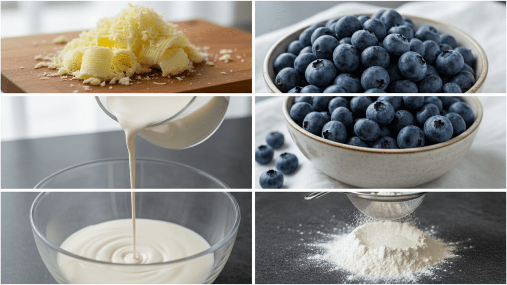 Collage showing frozen butter, fresh blueberries, flour, and heavy cream.