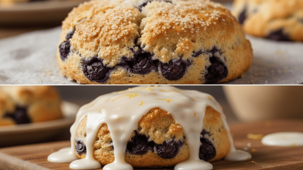 Close up look of a traditional scone and a lemon-glazed version.
