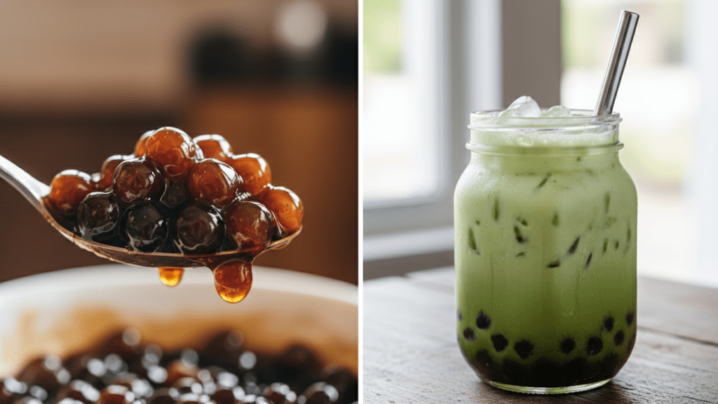 A close-up of brown sugar pearls and a finished matcha boba drink
