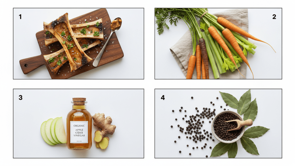 A collage of fresh ingredients for bone broth including beef bones, carrots, celery, and apple cider vinegar.