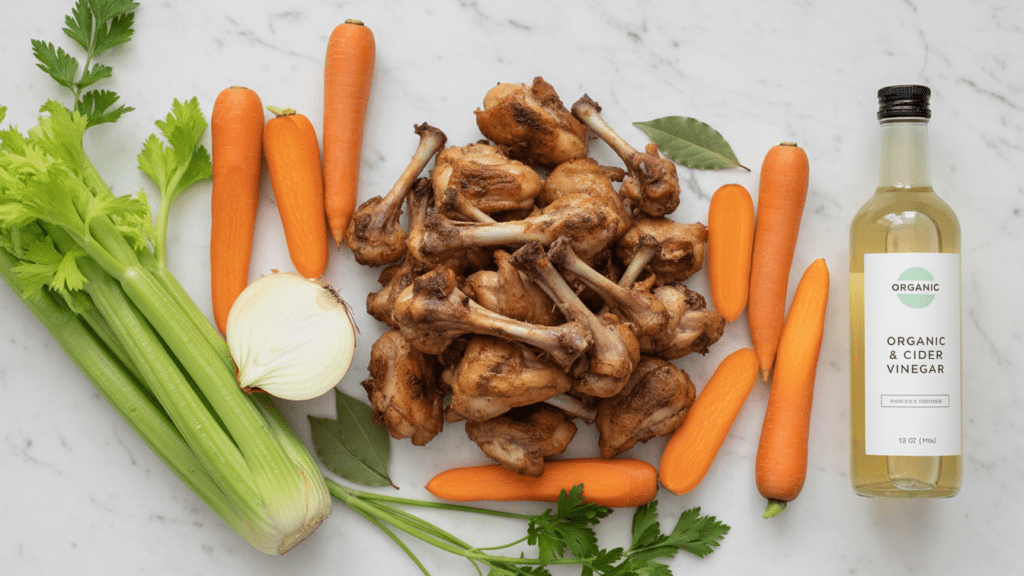 A collage of ingredients: chicken bones, carrots, celery, onion, and apple cider vinegar.