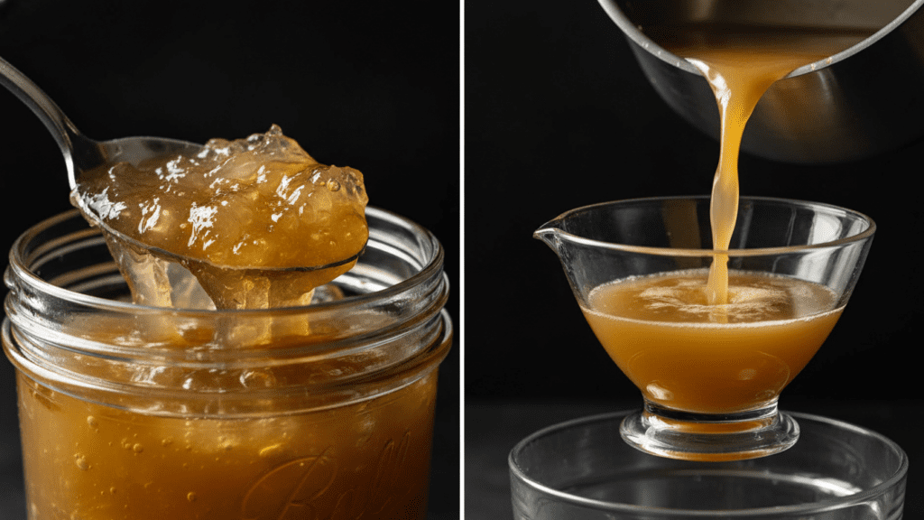 Close up shot of the gelatinous texture of chilled bone broth and a jar of liquid broth