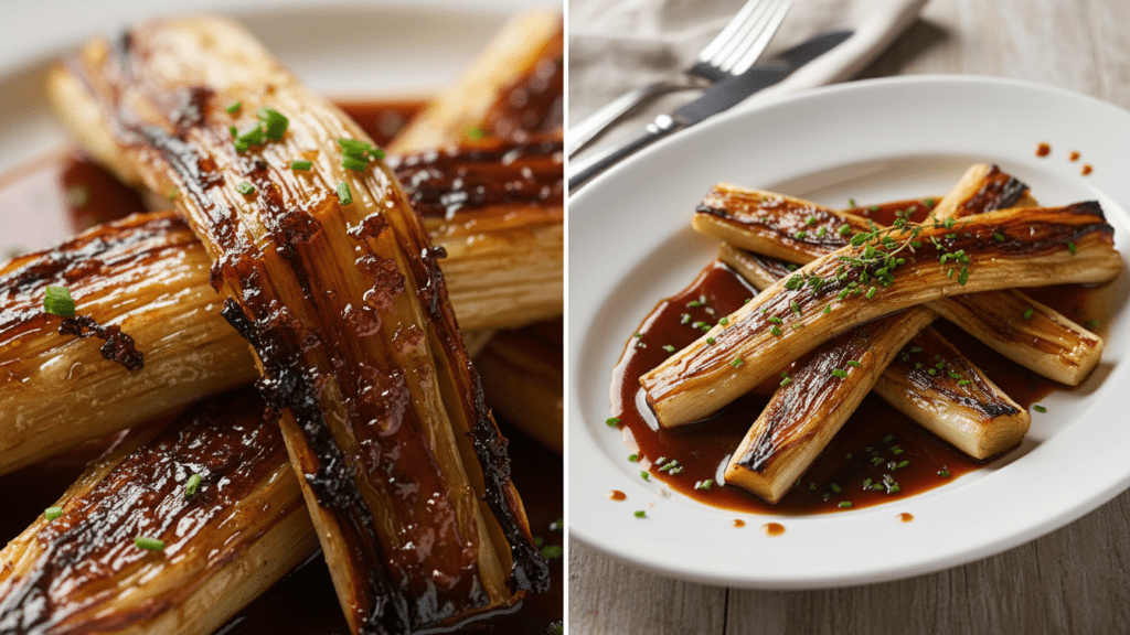 Close up look at the caramelized surface of a leek and a wide shot of leeks served on a plate
