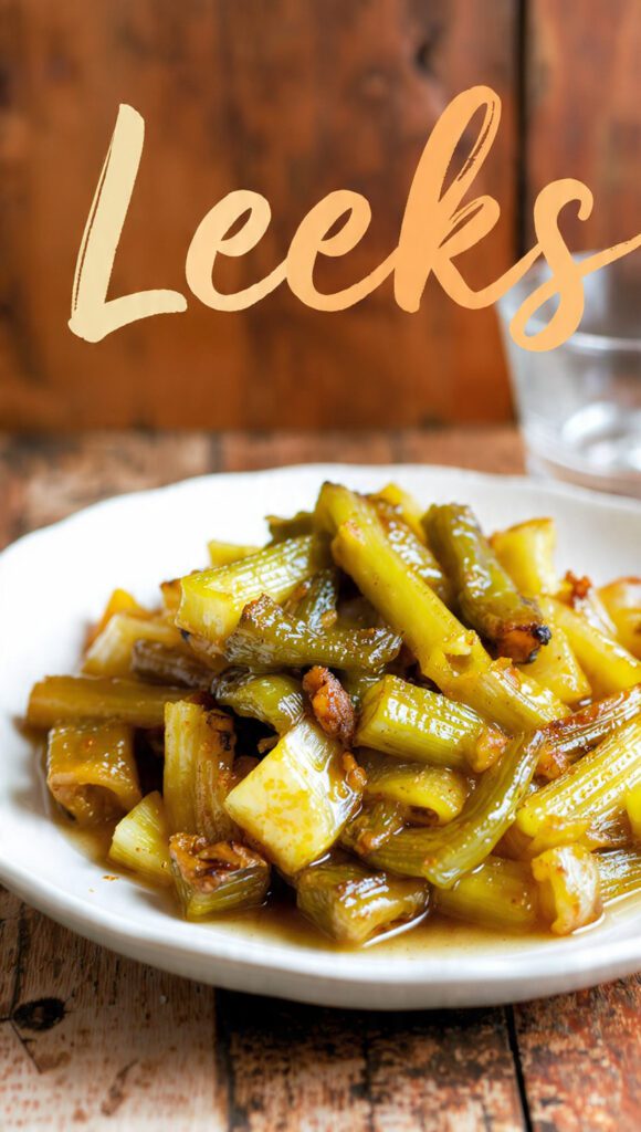 A skillet of golden-brown braised leeks with fresh thyme and text overlay "Leeks".