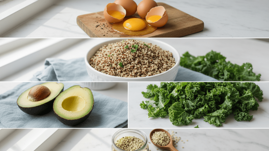 A collage showing eggs, quinoa, black beans, avocado, and kale.