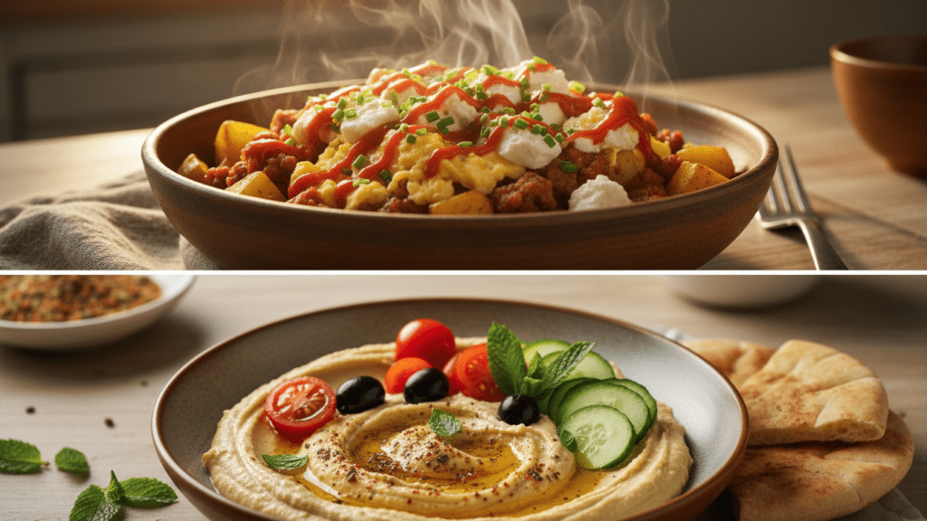 A close-up of a savory breakfast bowl and a spicy Mediterranean version.