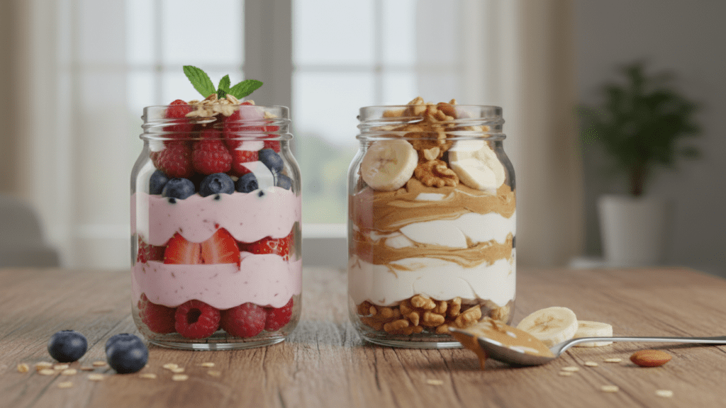 Two different types of yogurt parfaits, one with berries and one with nuts and bananas.