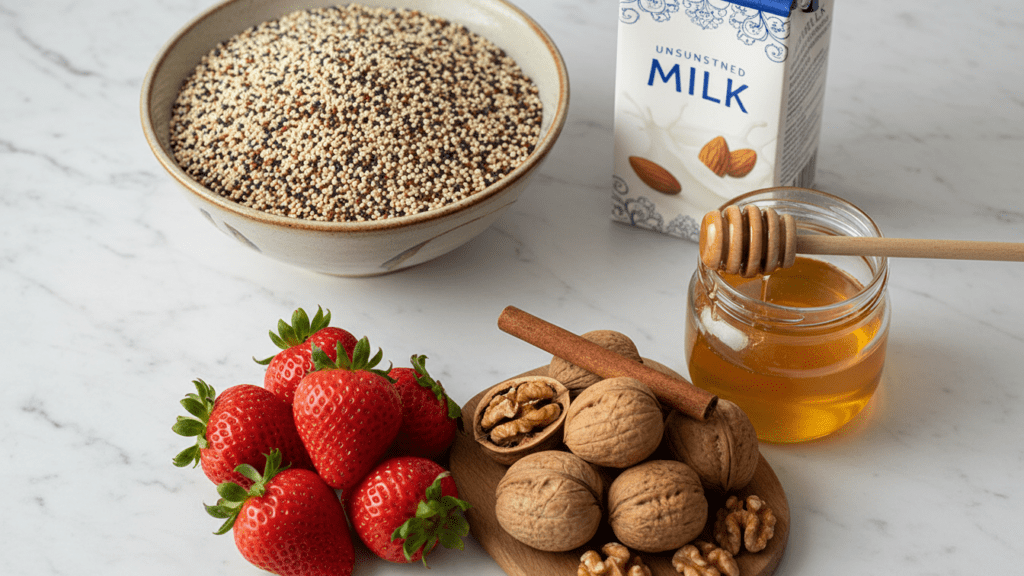 A collection of ingredients for making healthy quinoa breakfast bowls.