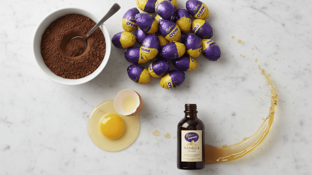A collage of brownie ingredients: butter, sugar, cocoa powder, and Cadbury eggs.