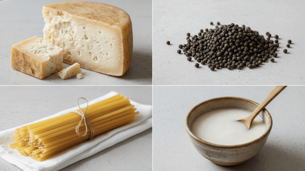 Ingredients collage for cacio e pepe including pecorino, peppercorns, and pasta.