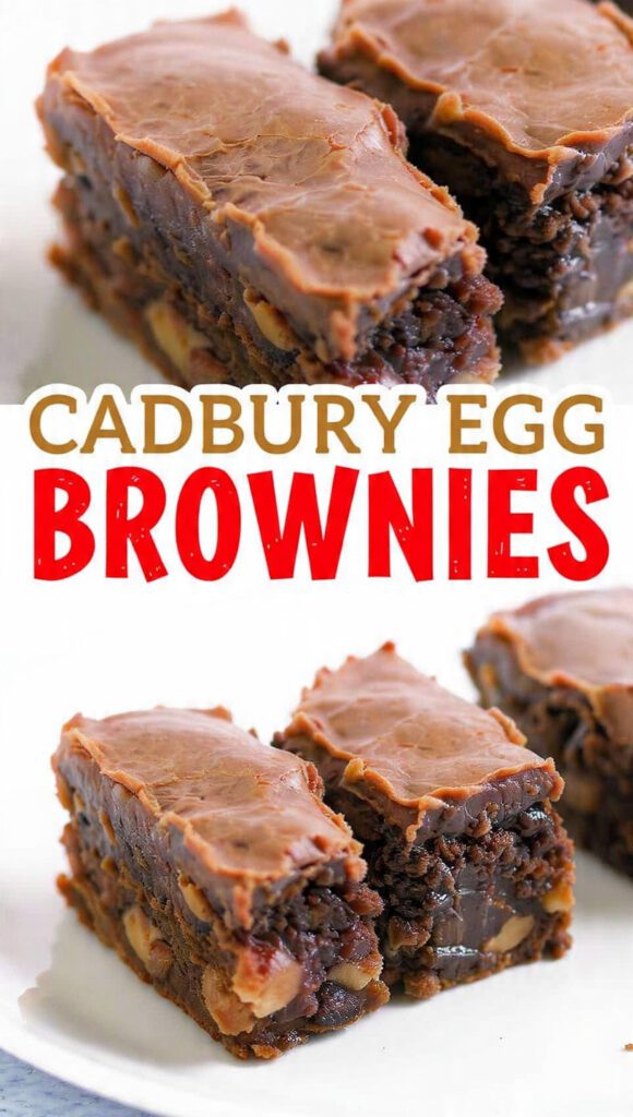 A stack of fudgy Cadbury egg brownies showing the creme center with text overlay "Cadbury Egg Brownies".