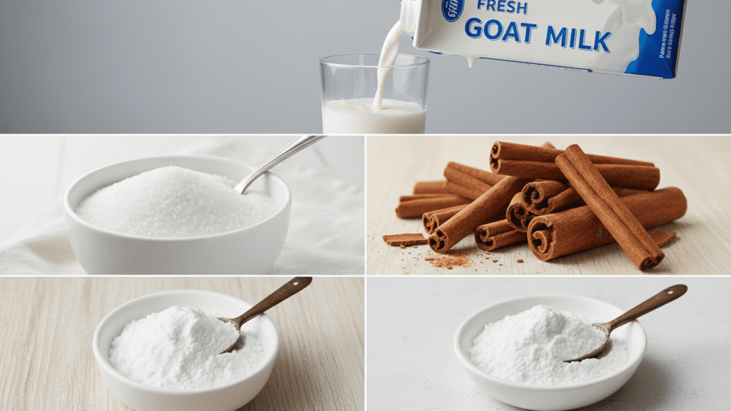 Collage of ingredients for cajeta including goat milk, sugar, and cinnamon.