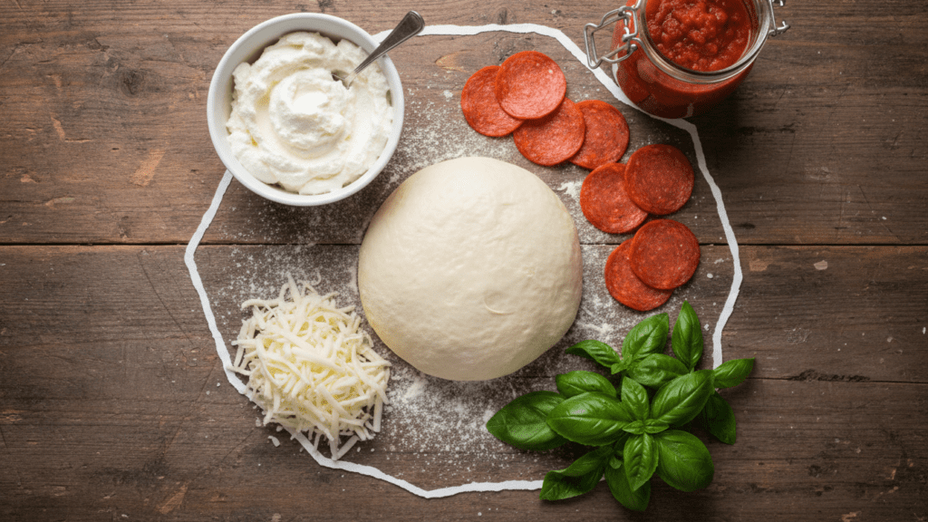 Raw ingredients for making a healthy authentic Italian calzone recipe.