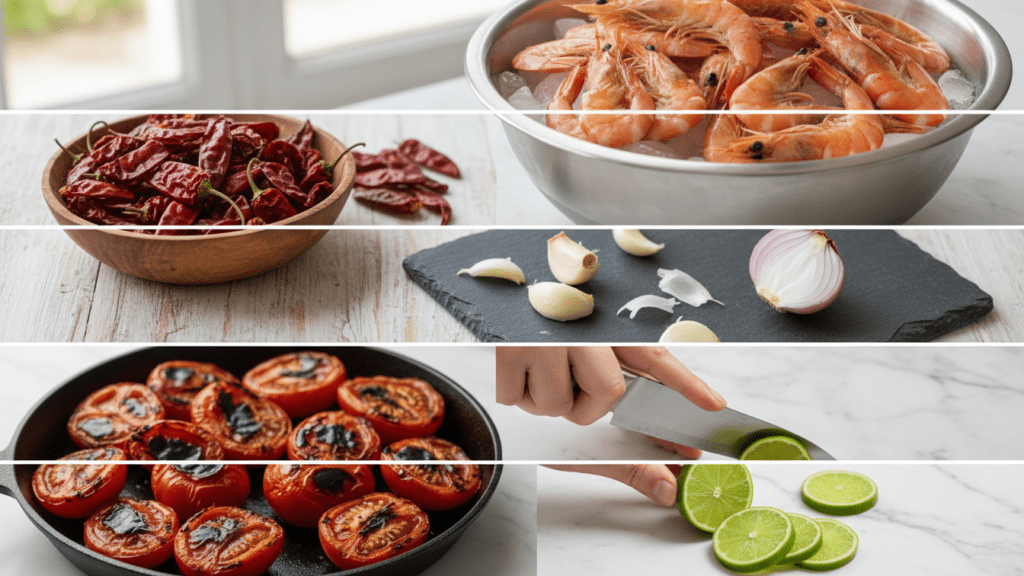 Collage of ingredients including dried chilies, fresh shrimp, garlic, and lime.