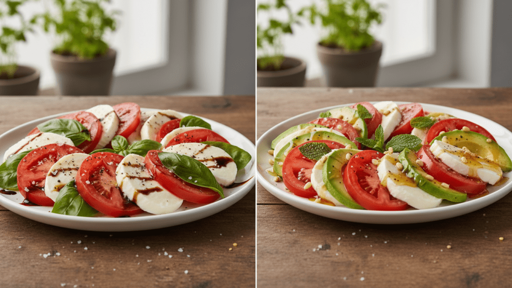 Two different versions of Caprese salad including an avocado keto option.