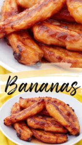 A skillet of golden-brown caramelized bananas with a cinnamon sprinkle and text overlay "Bananas".