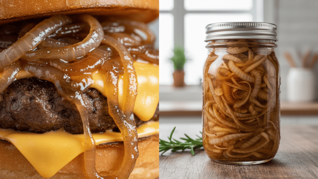 Close up look at caramelized onions on a burger and a wide shot of onions in a mason jar.