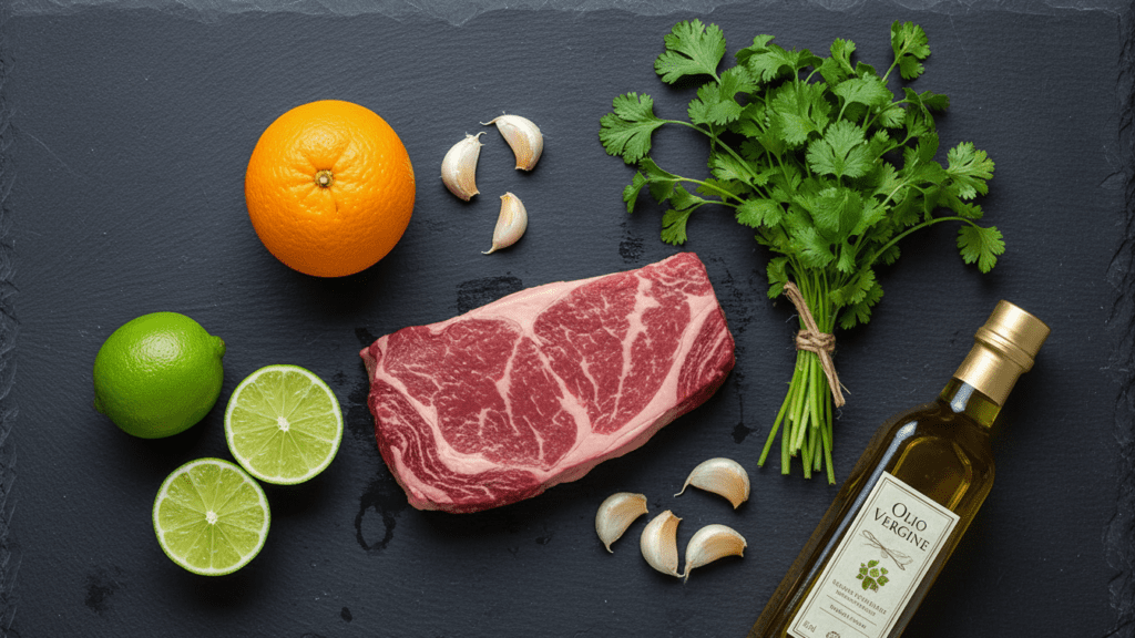 Raw ingredients for making a healthy authentic Mexican carne asada marinade.
