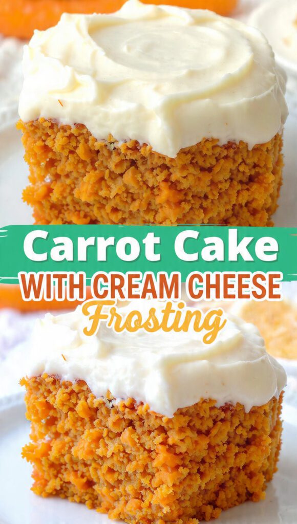 A double-layer carrot cake with thick cream cheese frosting and text overlay "Carrot Cake with Cream Cheese Frosting".