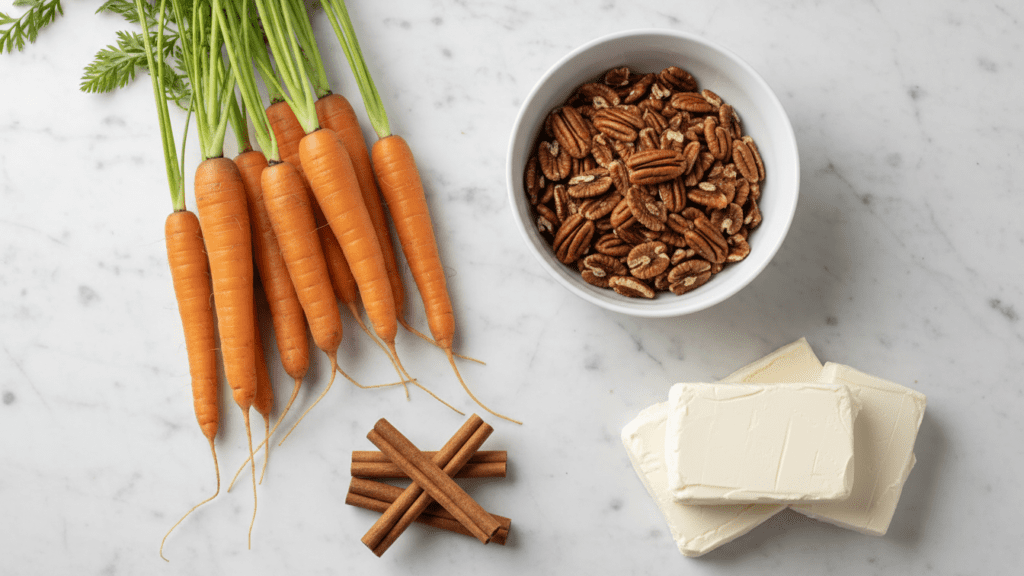 A collage of raw ingredients: fresh carrots, pecans, cinnamon, and cream cheese.