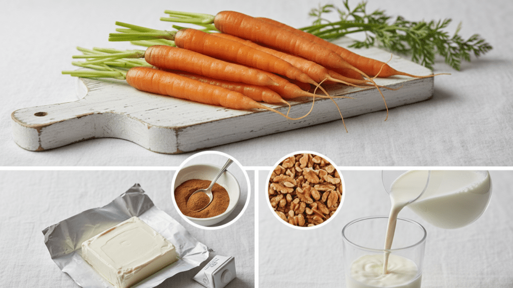 Ingredients collage including fresh carrots, cinnamon, walnuts, and cream cheese.