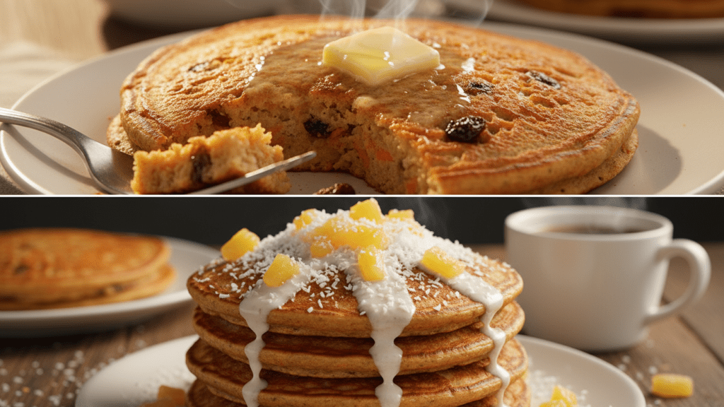 Close up of traditional carrot cake pancakes and a tropical version with pineapple.