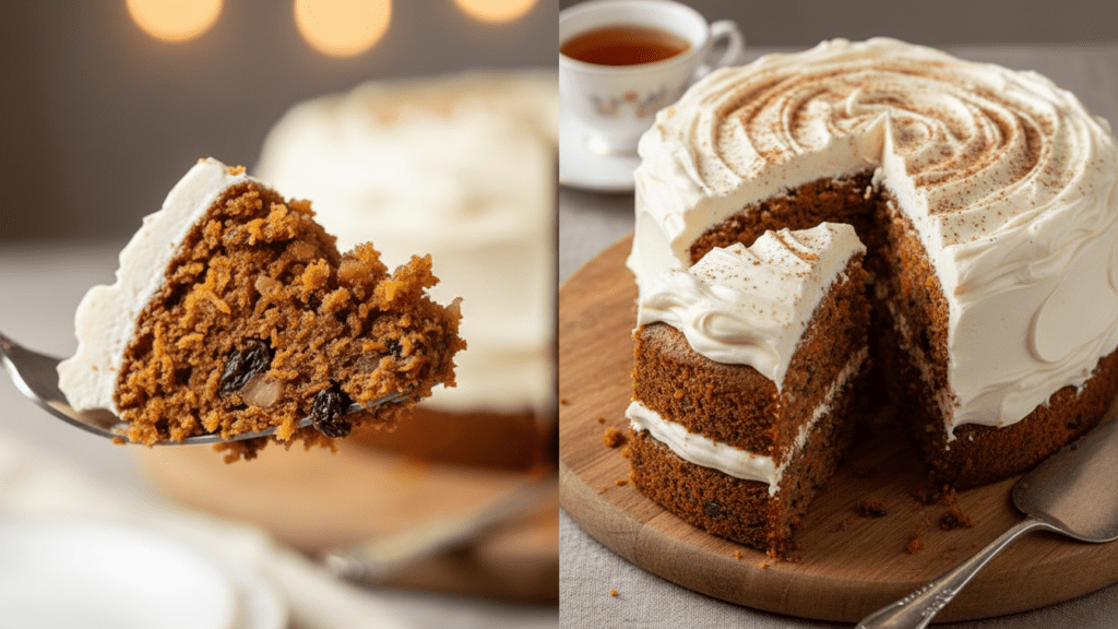Close up of a fork pulling a piece of moist carrot cake and a wide shot of a full cake.